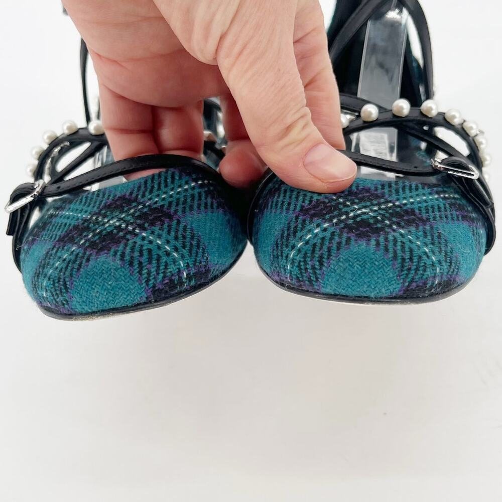 Jimmy Choo Celestia 25 Peacock Tartan Pearl Studded Mary Jane Flats IT 37.5 - Picture 7 of 13